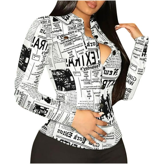 Lilgiuy Women Lapel Printing Front Button Cardigan Long Sleeves Shirt Tops Coat(White,4) Winter Fashion 2022