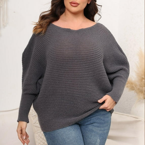 Lilgiuy Women Large Solid Color Round Neck Sweater Off Shoulder Loose Fashion Knit for Cold Weather