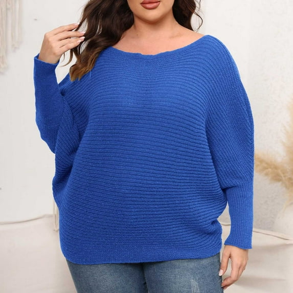 Lilgiuy Women Large Solid Color Round Neck Sweater Off Shoulder Loose Fashion Knit for Gym Exercise