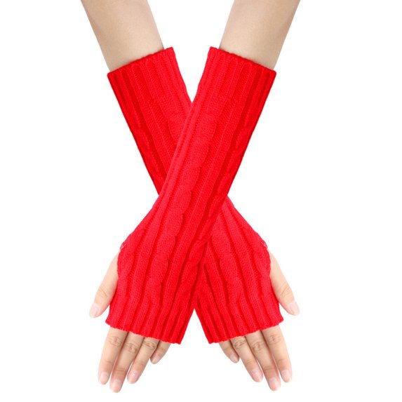 Lilgiuy Women Long Fingerless Gloves Winter Soft Solid Color Knit Arm Warmer Thermal Arm Gloves Stretchy Half Finger Gloves for Outdoor Activities Red