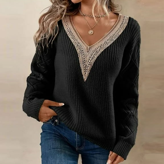 Lilgiuy Women Long Sleeve Lace Stitching V Neck Top Casual Loose Knitted Sweaters Blouse for Cold Weather