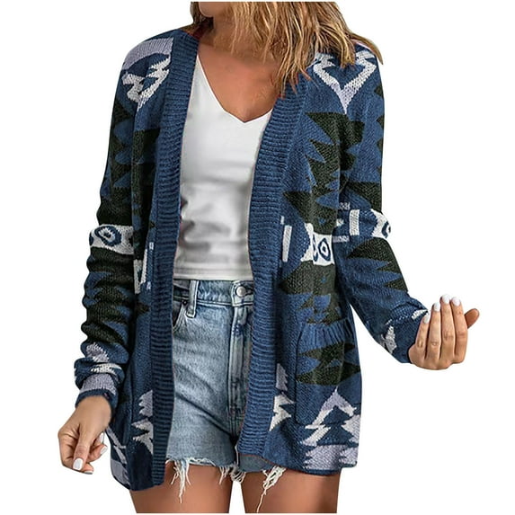 Lilgiuy Women Long Sleeve Prind Cardigan Autumn Casual Coat Blouse Top(Blue,8) Winter Clothes for 2022
