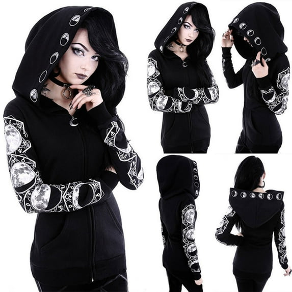 Lilgiuy Women Loose Gothic Punk Long Sleeve Hooded Black Cardigan Zipper Jacket Coat