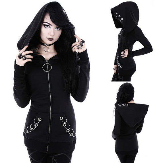 Lilgiuy Women Loose Gothic Punk Long Sleeve Hooded Black Cardigan Zipper Jacket Coat