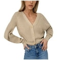 thumbnail image 1 of Lilgiuy Women Loose Solid Color Soli V-Neck Lantern Sleeve Button Knit Cardigan Top(Khaki,4) Winter Fashion 2022, 1 of 5