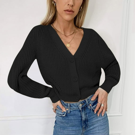Lilgiuy Women Loose Solid Color Soli V-Neck Lantern Sleeve Button Knit Cardigan Top for Snowboarding Skiing