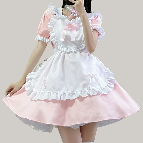 Lilgiuy Women Lovely Maid Cosplay Costume Outfit Dress Clothes Dress Bow Apron Short Sleeved Collar Lace for Leggings