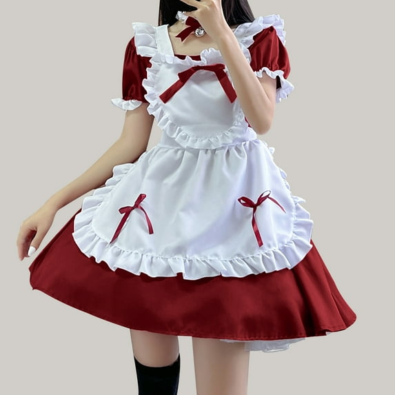 Lilgiuy Women Lovely Maid Cosplay Costume Outfit Dress Clothes Dress Bow Apron Short Sleeved Collar Lace for Recreation and Entertainment