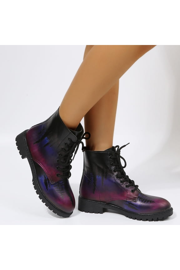 Women Men Boots Retro Flat Bottom Shoes Print Boots Plus Size Lace Up Boots,Purple,9 2022 Fall Winter
