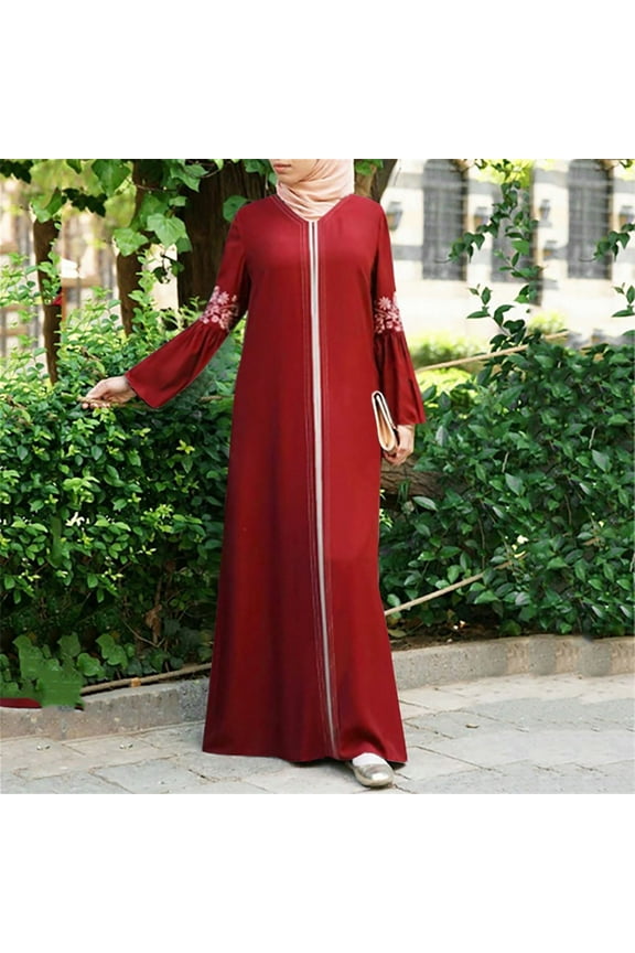 Women Muslim Long Dress Floral Printed Vintage Kaftan Islamic Maxi Dresses Outwear