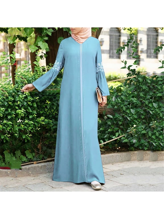 Women Muslim Long Dress Floral Printed Vintage Kaftan Islamic Maxi Dresses for Dance Performance