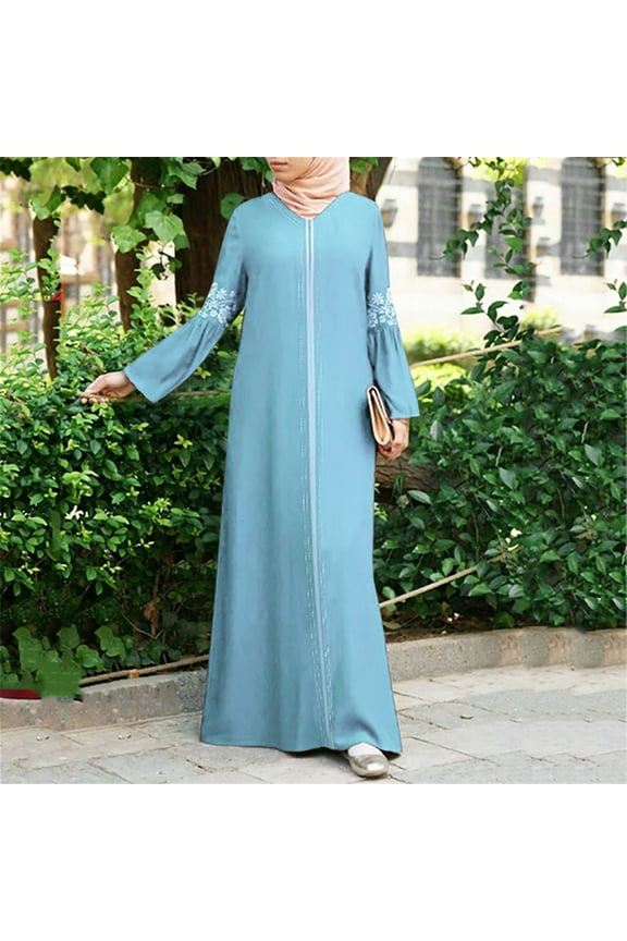 Women Muslim Long Dress Floral Printed Vintage Kaftan Islamic Maxi Dresses for Dance Performance