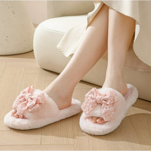 Lilgiuy Women New Comfortable Home Cute Bow Ties Models Winter Cotton Slippers Couple Models Thick Bottom Warm Cotton Slippers Cute Womens House Slippers for Bedroom Hotel