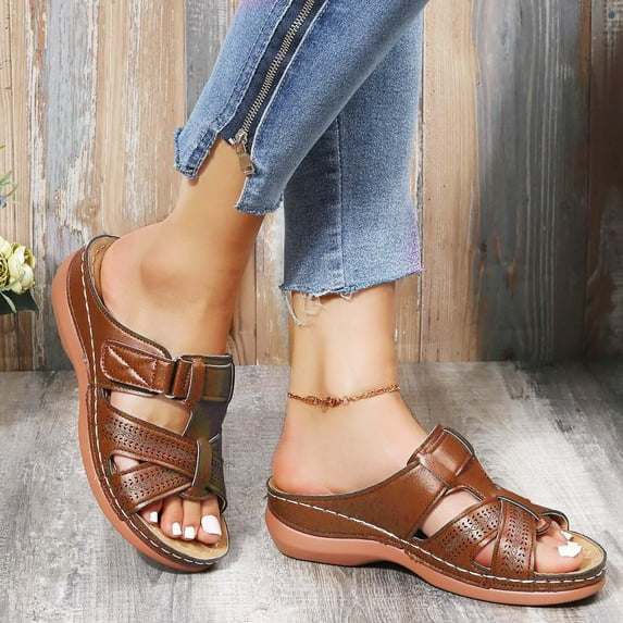 Lilgiuy Women Orthotic Slides Platform Wedge Slide Sandals Hook & Loop Adjustable Beach Sandals Comfortable Orthopedic Sandals Slip on Causal Slippers with Arch Support for Going Out(Brown,9.5)