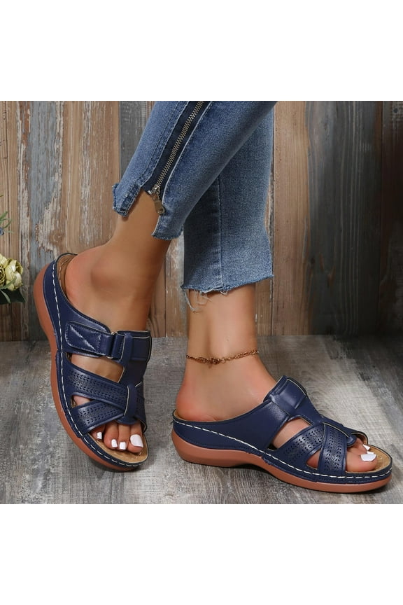 Women Orthotic Slides Platform Wedge Slide Sandals Hook & Loop Adjustable Beach Sandals Comfortable Orthopedic Sandals Slip on Causal Slippers with Arch Support for Gym Exercise(Dark Blue,6.5)
