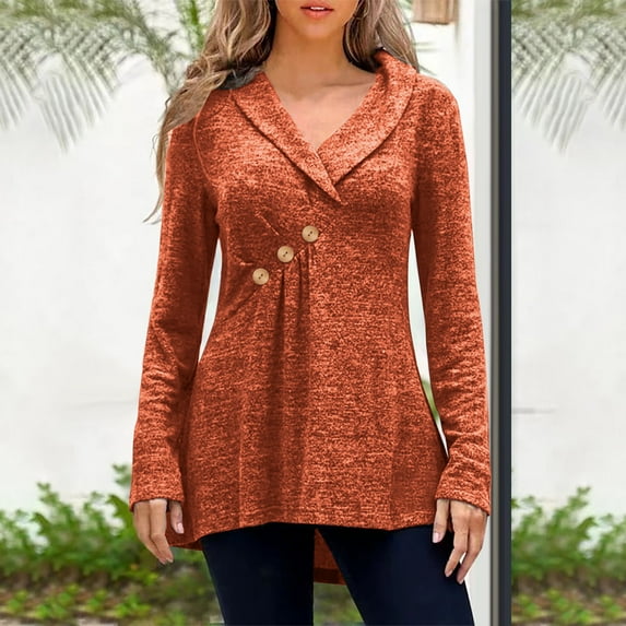 Lilgiuy Women Plus Size Casual V Neck Loose Solid Button Long Sleeve Tops Basic Versatile Tees