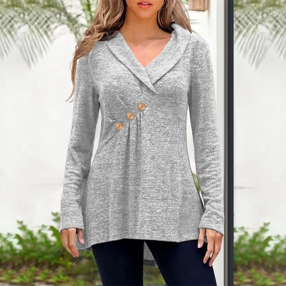 Lilgiuy Women Plus Size Casual V Neck Loose Solid Button Long Sleeve Tops for Leggings Modern Fit