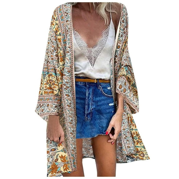 Lilgiuy Women Print Casual Beach Cardigan Blouse Shawl Loose Top Outwear(Yellow,18) Winter Fashion 2022