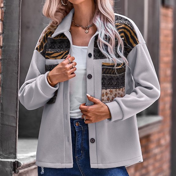 Lilgiuy Women Print Stitching Casual Long Sleeve Pocket Loose Lapel Cardigan Jacket Coat Winter Clothes for 2022