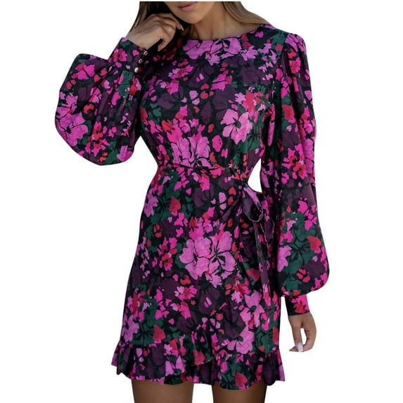 Lilgiuy Women Round Neck Printing Long Sleeve Lacing Slim Irregular Hem Dress Purple 2022 Fall Winter