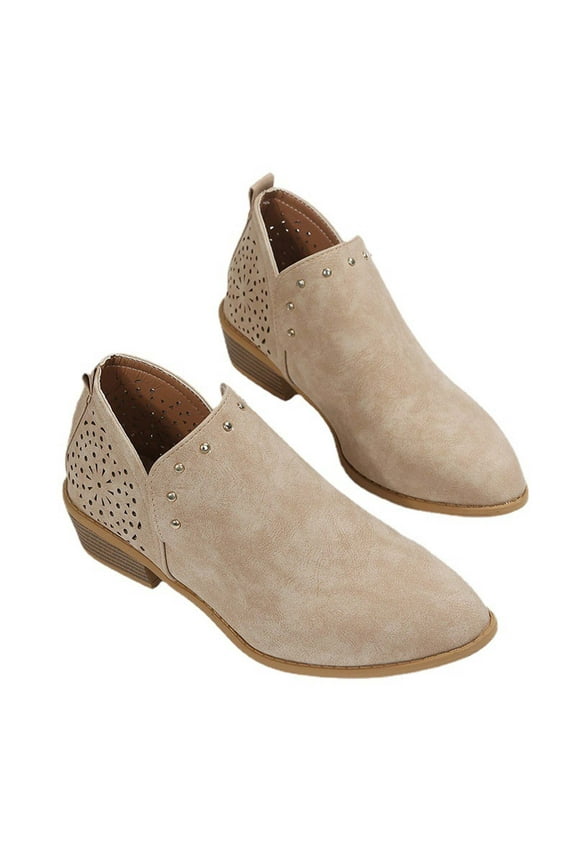 Women Round Toe Hollow Shoes Shallow Square Heels Slip-On Casual Single ShoesBeige,7.5 2022 Fall Winter