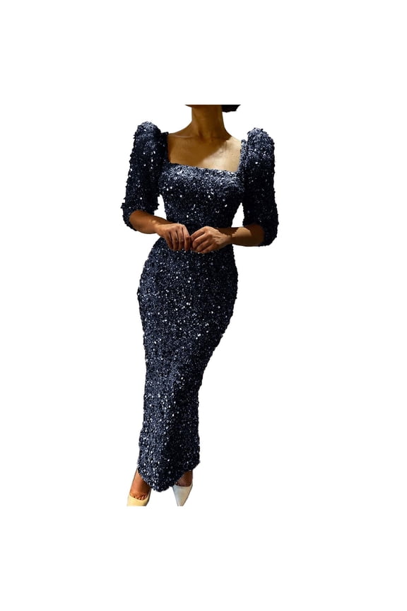 Women Sequins Thin Lantern Sleeve Off-The- Shoulder Dress Blue Fall Dresses for 2022 Spring Winter