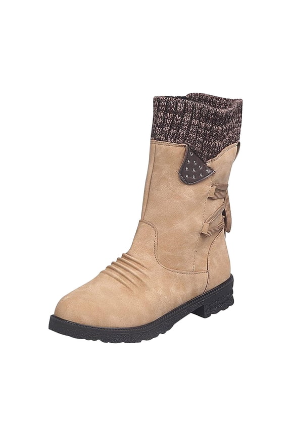 Women Shoes Retro Western Boots Casual Warm Low Heels Mid-calf BootsKhaki,7.5(40) Winter Clothes for 2022