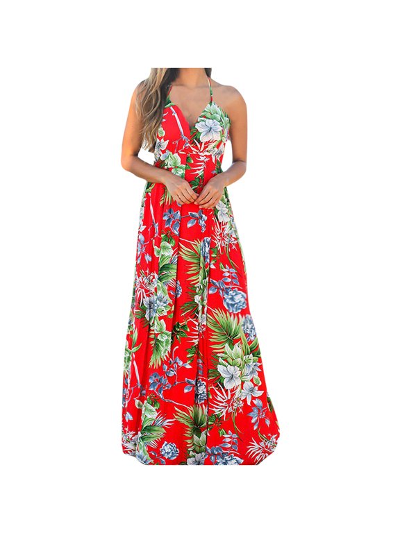 Lilgiuy Women Sleeveless Bohemian V-Neck Sling Printing Floral Beach Long Dresses(B)