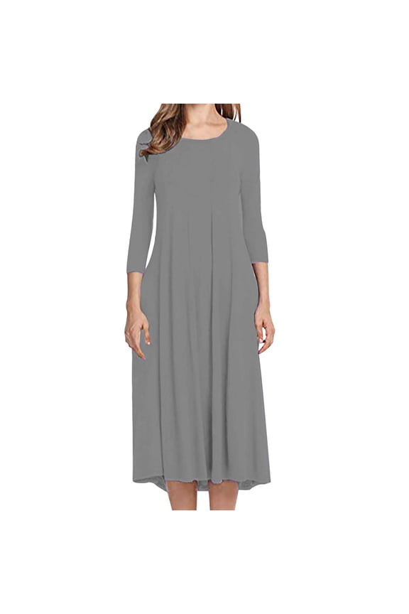 Women Slim Fit Comfortable Button V-Neck Solid Color Casual Dress Gray Fall Dresses for 2022 Spring Winter