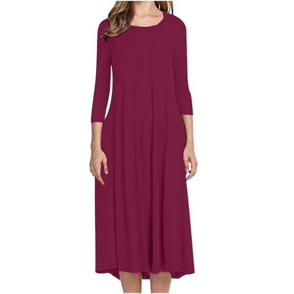 Lilgiuy Women Slim Fit Comfortable Button V-Neck Solid Color Casual Dress Hot Pink Fall Dresses for 2022 Spring Winter