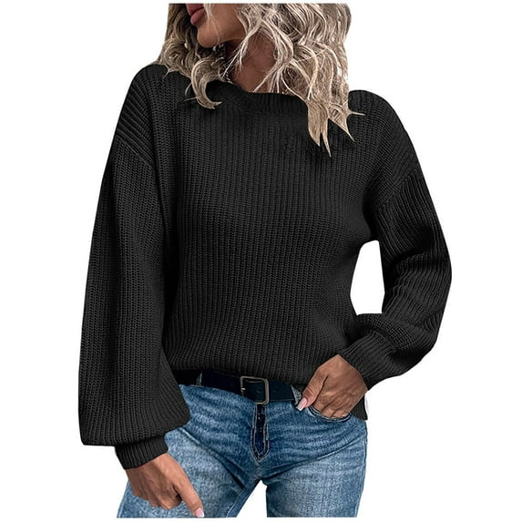 Lilgiuy Women Solid Color Long Sleeve Pullove Round-Neck Casual Sweater Tops,Black,6(M) Winter Dresses for 2022