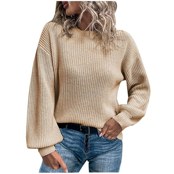 Lilgiuy Women Solid Color Long Sleeve Pullove Round-Neck Casual Sweater Tops,Khaki,8(L) Winter Clothes for 2022