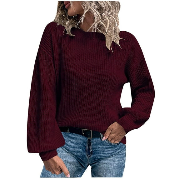 Lilgiuy Women Solid Color Long Sleeve Pullove Round-Neck Casual Sweater Tops,Wine,10(XL) Winter Clothes for 2022