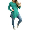 thumbnail image 1 of Lilgiuy Women Solid Color T-shirt Top Round Neck Long-sleeved Hem Slit Button Top, 1 of 5
