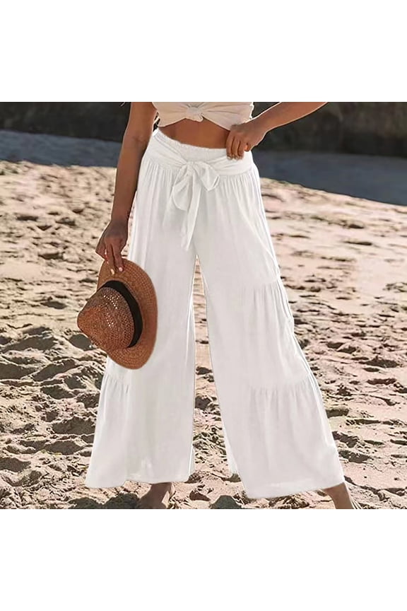 Women Solid Cotton Linen Ankle-Length Pants Casual Elastic Trousers Long Pants Trousers White 8(L) Fall Fashion for 2022 Spring Winter