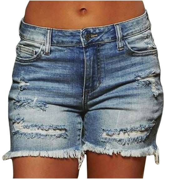 Lilgiuy Women Solid Denim Shorts Pokets Hole Casual Zipper Fringe Jeans Pants