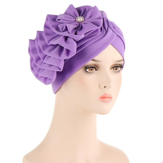 Lilgiuy Women Solid Floral India Muslim Ruffle Chemo Hat Headwear Head Wraps Turbans Beanie Cap Headwraps Purple, for 2022