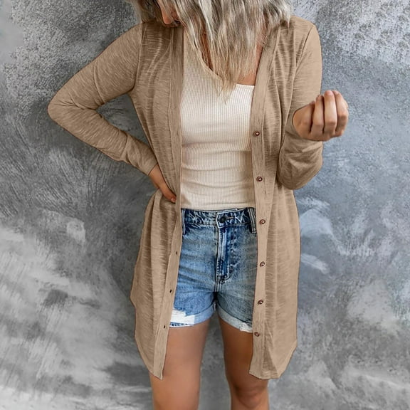 Lilgiuy Women Solid Loose Long Sleeve Cardigan Autumn Coat Blouse Khaki，14（XXXL） Fall Fashion for 2022 Spring Winter