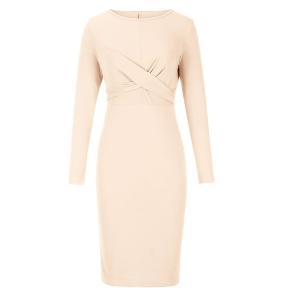Lilgiuy Women Solid Slim Hip Wrap Long Sleeve Round Neck Dress Khaki Fall Dresses for 2022 Spring Winter