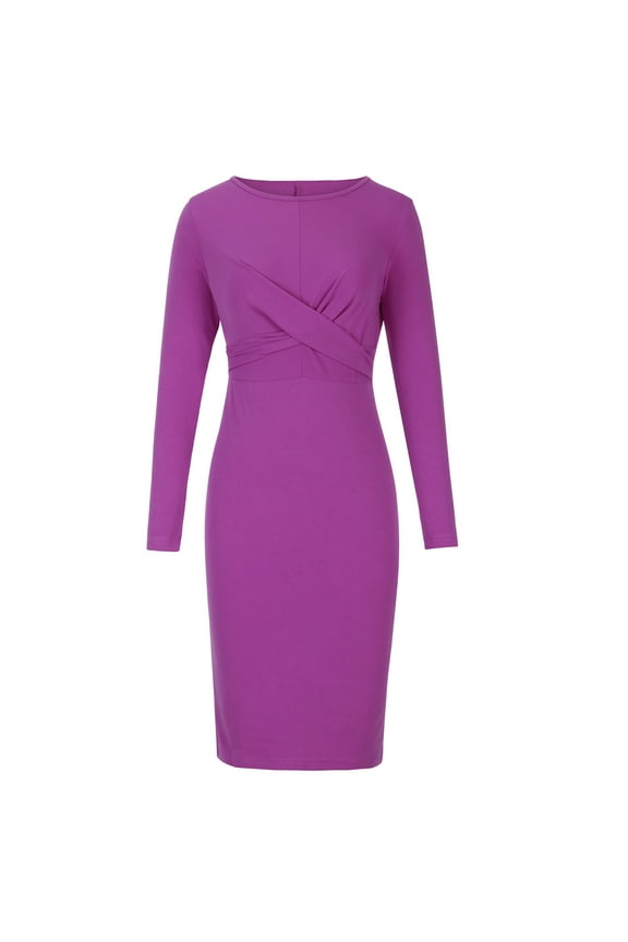 Women Solid Slim Hip Wrap Long Sleeve Round Neck Dress Purple Fall Dresses for 2022 Spring Winter