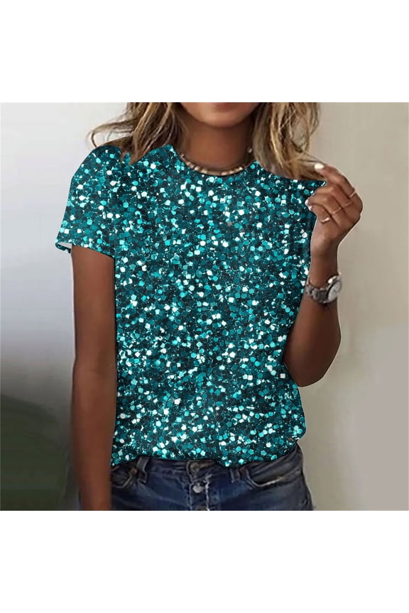 Women Sparkly Graphic Print Tops Solid Color Tee Shirt Plus Size Short Sleeve Crewneck Tshirt Basic Casual Summer Tunic Blouse for Cocktail Party Wedding Nightclub (Blue,XL)