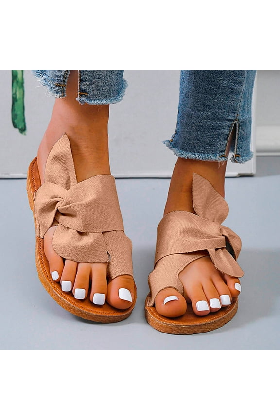 Women Summer Bow Tie Slippers Flat Espadrille Sandals Casual Breathable Open Toe Sandals Elegant Slip on Slides Sandals Playwear(Beige,6.5)