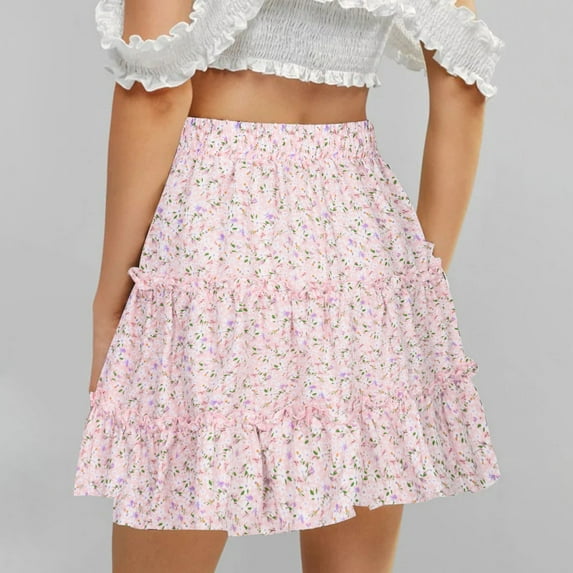 Lilgiuy Women Summer Casual Vintage High Waist Floral Print Beach Ruffled Short Skirt,Pink,10（XL） Winter Fashion 2022