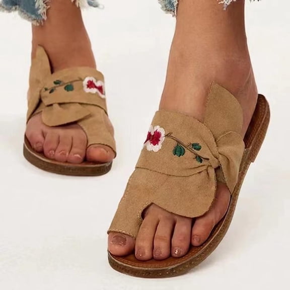 Lilgiuy Women Summer Embroidery Flowers Slippers Espadrille Flat Sandals Casual Breathable Open Toe Beach Sandals for Party Club Birthday(Khaki,9.5)