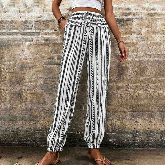 Lilgiuy Women Summer Fashion Casual Loose Printing Full Length Pants Dance Performance Pants