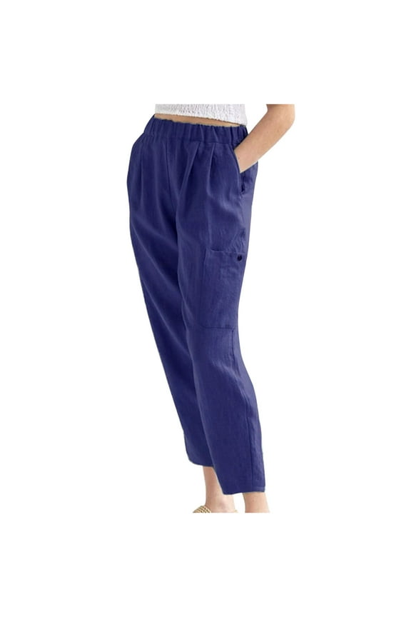 Women Summer Pants Casual Pure Color Elastic Waist Linen Pockets Pants Navy 4 Fall Fashion 2022 Spring Winter