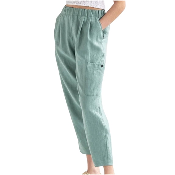 Lilgiuy Women Summer Pants Casual Pure Color Elastic Waist Linen Pockets Pants Petite Classic Proportioned Pant