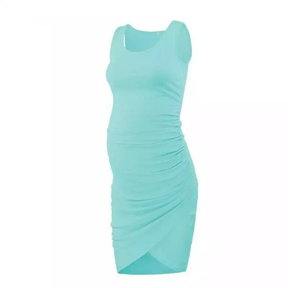 Lilgiuy Women Summer Sleeveless Maternity Dress Pregnancy Tank for Baby Shower Sleeveless Round Neck Solid Color Pleated Buttock Dress Blue