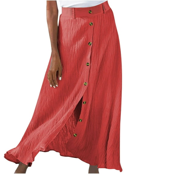 Lilgiuy Women Summer Solid Skirt Mid Waist Long Dress Bohemian Swing A-Line Button Skirts,Red,12 2022 Fall Winter