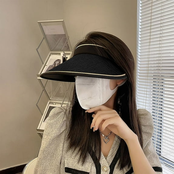 Lilgiuy Women Sun Visors Wide Brim Sun Caps Golf Hats Trendy Solid Color Compact Portable Breathable Hollow Top Hat for Sport Outdoor Travel, Black